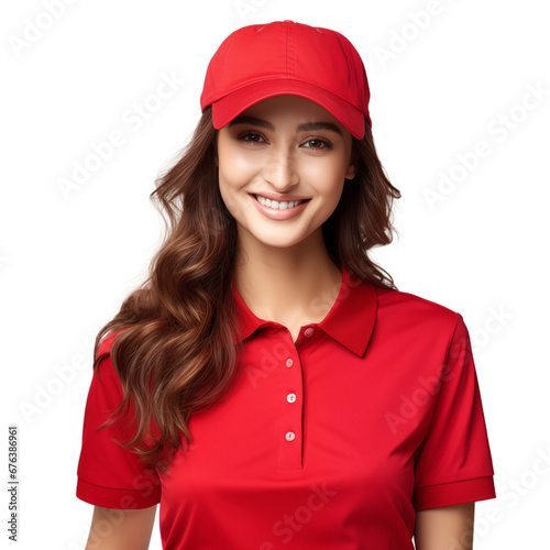 Delivery woman smiling on white background