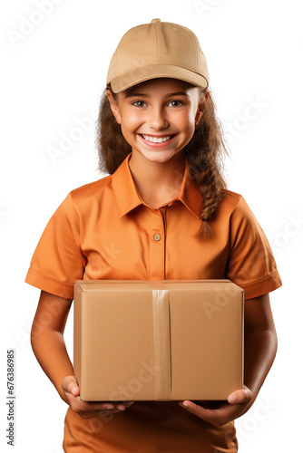 Delivery girl smiling on white background