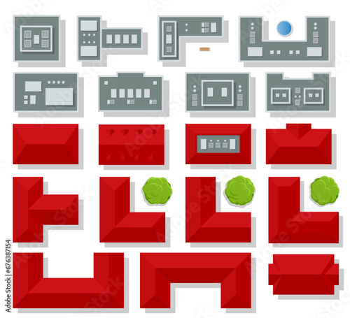 The red roof of the house top view. Houses, architectural elements, trees. Cityscape map or plan design