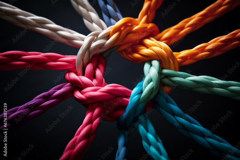 Different ropes are woven into a knot. Teamwork concept. Background with selective focus and copy space