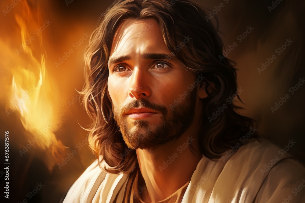 Jesus Christ in a drawing style in warm colors. Religious concept with selective focus and copy space