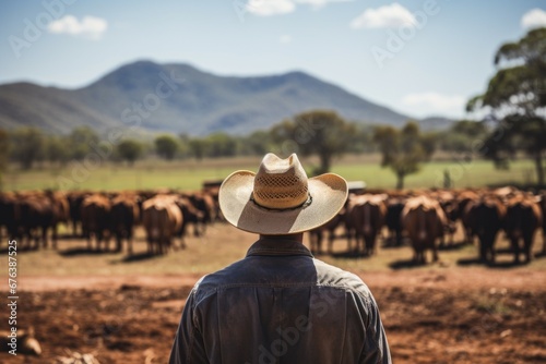 Cowboy on the farm, view from the back. Portrait with selective focus and copy space