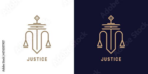 Sword of justice logo design illustration. Silhouette of a sword weighing justice law truth lawyer balance legislation firm pillar court. Simple geometric minimalist modern elegant flat icon concept.