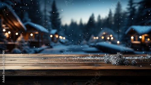 Winter scene with warm candle lights on a bridge, festive tree in the background, and a rustic wooden foreground in a serene snowy landscape. © Juan