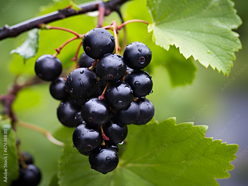 Fresh and ripe black currant berries on a branch, blurred background Fresh and ripe black currant berries on a branch, blurred background