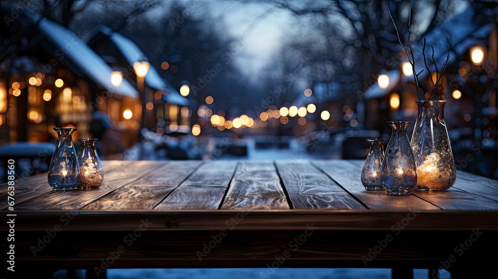 Winter scene with warm candle lights on a bridge, festive tree in the background, and a rustic wooden foreground in a serene snowy landscape.