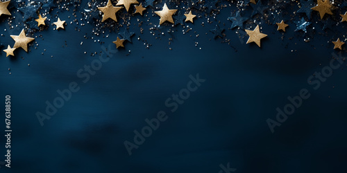 Christmas background, Christmas golden shining stars, glitter and confetty on dark blue background. Festive greeting card for Christmas, wedding, birthday, woman's, mother's day. generative AI