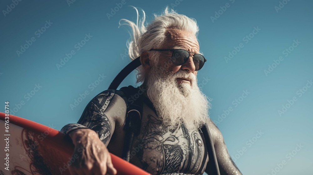 Old man with a neoprene wetsuit and white beard, enjoying surfing on a beach during his retirement, active aging concept