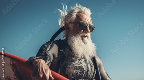 Old man with a neoprene wetsuit and white beard, enjoying surfing on a beach during his retirement, active aging concept