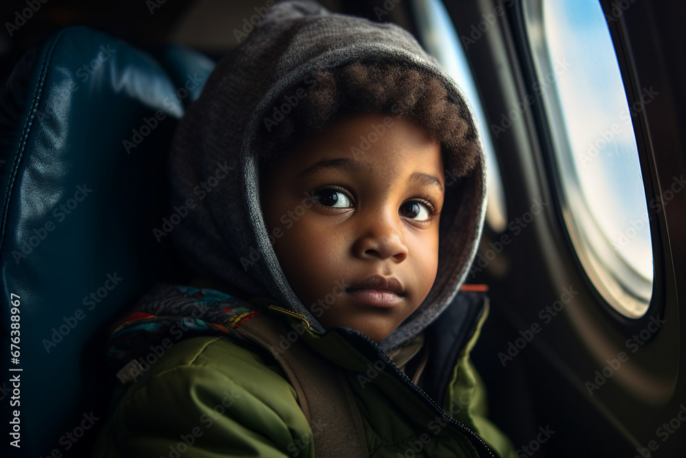 Generative AI picture portrait of traveler person inside modern airplane plane while flight looking illuminator Generative AI picture portrait of traveler person inside modern airplane plane while flight looking illuminator