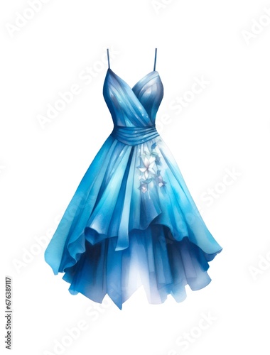 Blue cocktail female dress isolated on white background in watercolor style.