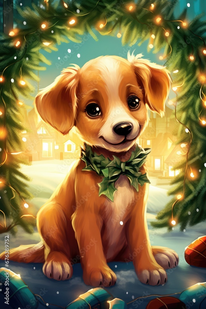  A cute puppy is sitting surrounded by Christmas lights. New Year and Christmas.