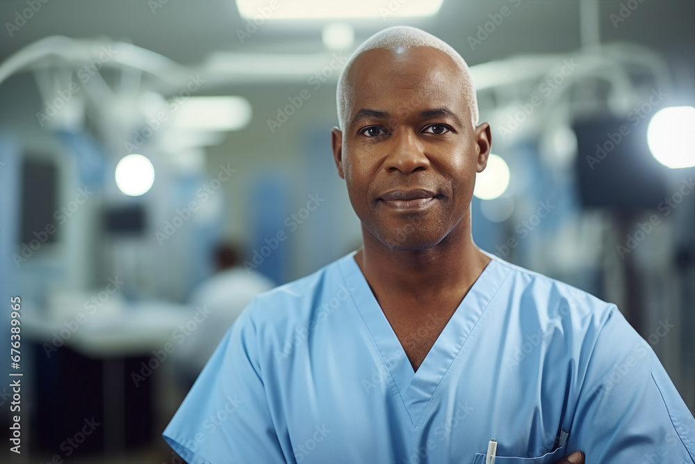 Obraz premium Professional emergency worker doctor medic wearing sterile uniform before operation Generative AI