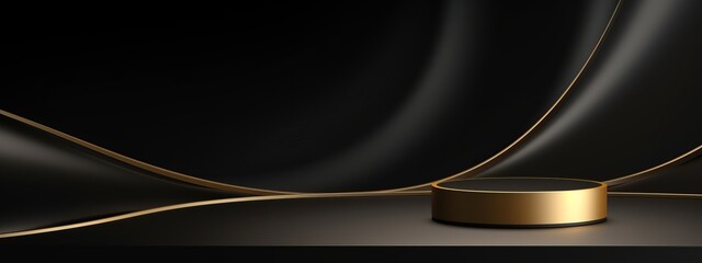 Gold black podium background 3D golden product line stage dark platform wave display. Design podium black luxury gold light scene pedestal presentation showcase event beauty shine object cosmetic sale