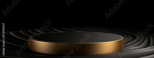 Gold black podium background 3D golden product line stage dark platform wave display. Design podium black luxury gold light scene pedestal presentation showcase event beauty shine object cosmetic sale © Hayden West