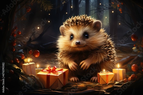 A Christmas card with a cute hedgehog in the forest with a gift. Christmas and New Year.  photo