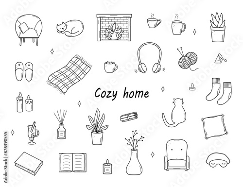 Cozy home set of doodle cartoon icons. Vector illustration elements of home accessories, comfort and everyday life.