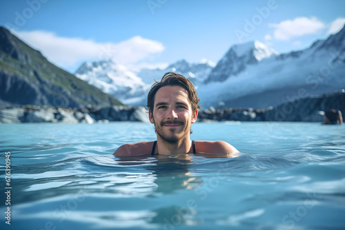 A handsome man in a swimming pool looks into the camera against a backdrop of majestic mountains and glaciers creating a serene atmosphere, Winter Retreat, winter recreational, winter swimming