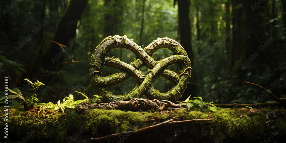 Abstract icon representing the ecological call to recycle and reuse in the form of a moss with a infinity infinite symbol in the middle of a beautiful untouched jungle or forest. 3d rendering