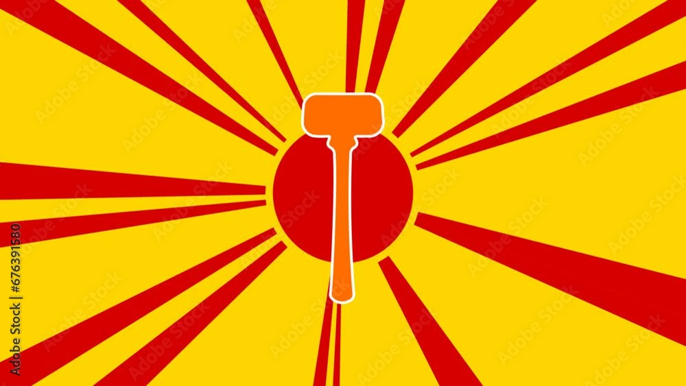 Mallet symbol on the background of animation from moving rays of the sun. Large orange symbol increases slightly. Seamless looped 4k animation on yellow background