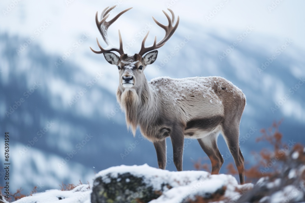 A Beautiful Reindeer Savouring a Carrot in its Natural Habitat Amidst the Frosty Arctic A Beautiful Reindeer Savouring a Carrot in its Natural Habitat Amidst the Frosty Arctic