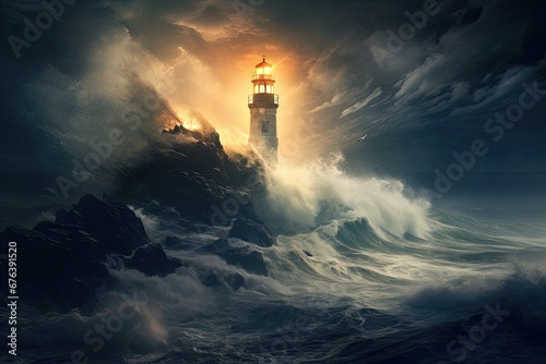 Lighthouse on a cliff during a storm