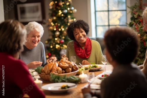 A Heartwarming Scene of Close Friends Enjoying a Festive Holiday Potluck Together