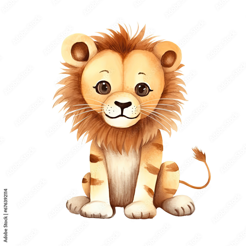Hand Drawn Watercolor Baby Lion Clip Art Illustration. Isolated elements on a white background.