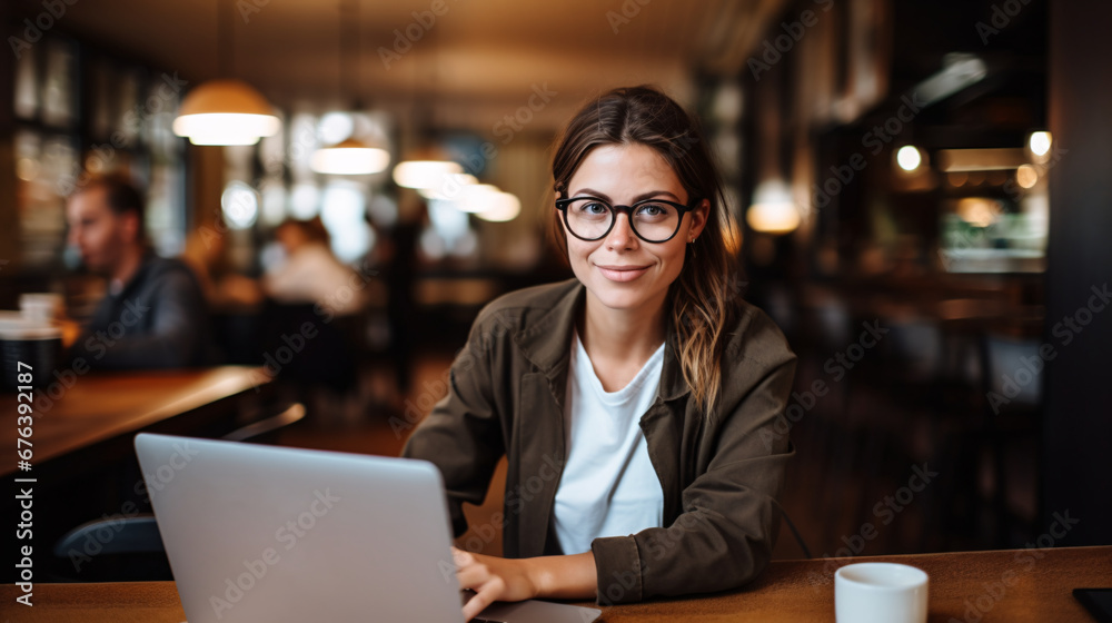 Fototapeta premium Beautiful young woman working on a laptop in a cafe, young woman wearing glasses working in a cafe