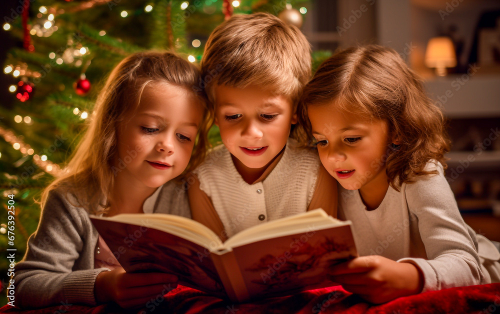 Three children read a Christmas storybook Three children read a Christmas storybook