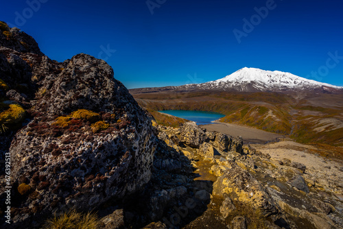 Photos of volcano Mount Ruapehu and Tama lake in front in New Zealand.
