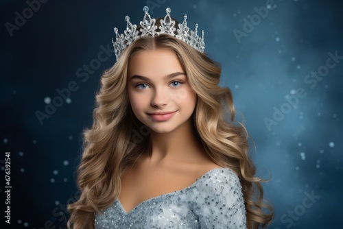Festive Portrait of a Smiling Teen Wearing a Shimmering Silver Tiara Against a Wintry Blue Background in a Christmas Studio