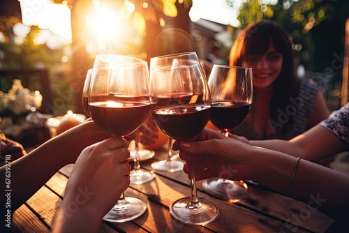 Happy friends having fun outdoor. Group of friends having backyard dinner party together. Young people sitting at bar table toasting wine glasses in vineyards garden photo