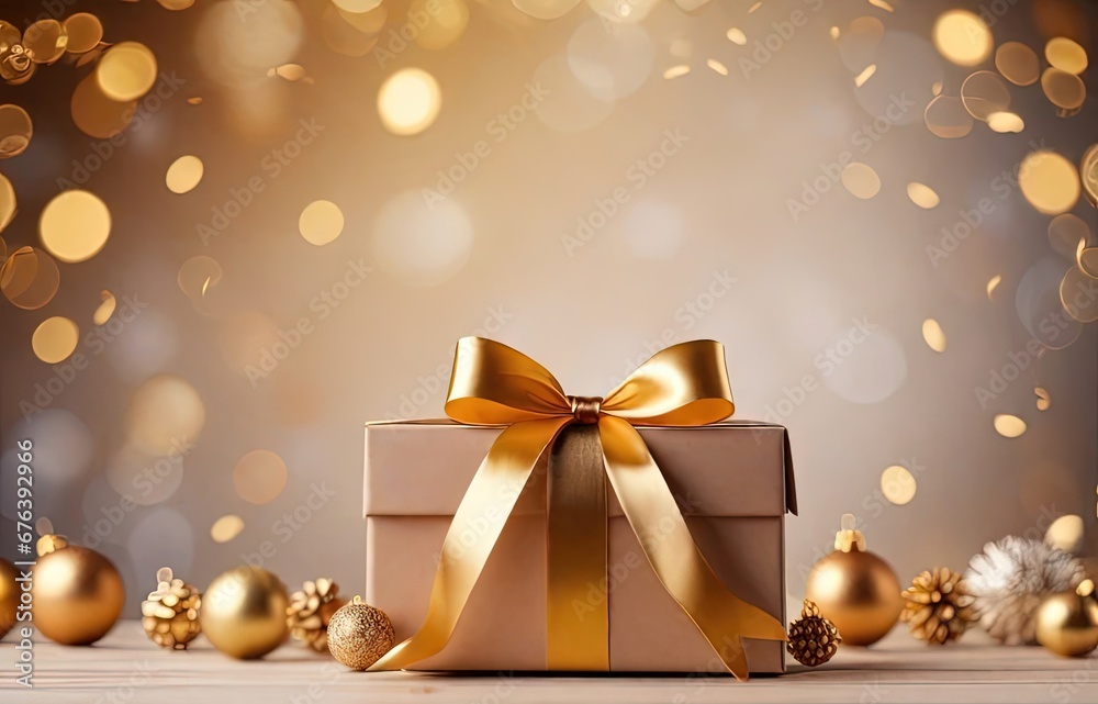 Christmas gift box with golden bow and decoration on bokeh background Christmas gift box with golden bow and decoration on bokeh background