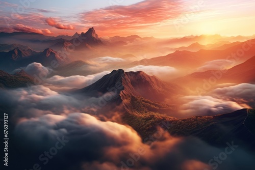 Breathtaking aerial view of a mountain range during sunrise.