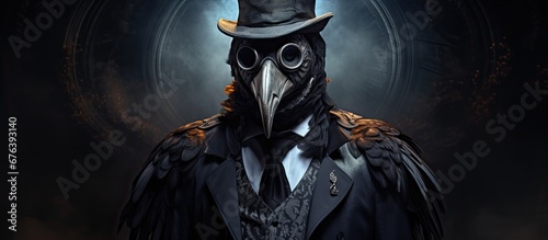 In a dark and eerie background an isolated man wearing a black carnival mask and donning a doctor s coat painted a haunting portrait of a bird amidst a fantastical setting This art concept  photo
