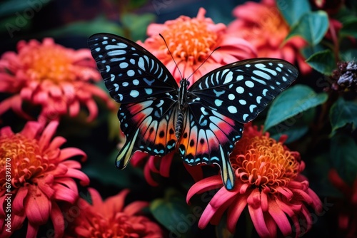 Close-up of a colorful butterfly on a vibrant flower in a lush garden.