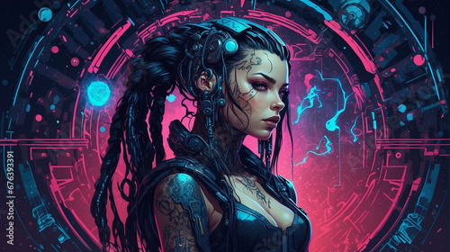 Girl in cyber punk style. Dreadlocks and tattoos. Neon light.