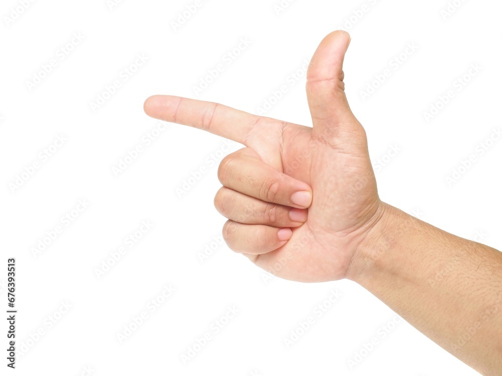 Male hand pointing finger to the side The idea of pointing at something, such as an object or text. Isolated on a white background. Male hand pointing finger to the side The idea of pointing at something, such as an object or text. Isolated on a white background.