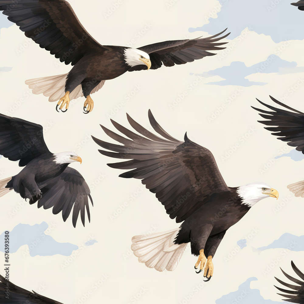Fototapeta premium Eagles cartoon repeat pattern, hawk bird nature art