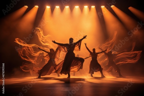 Dynamic dance performance on a theater stage with dramatic lighting.