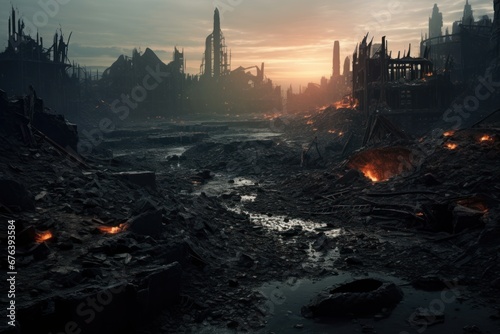 Dystopian world with remnants of a destroyed civilization on Earth.