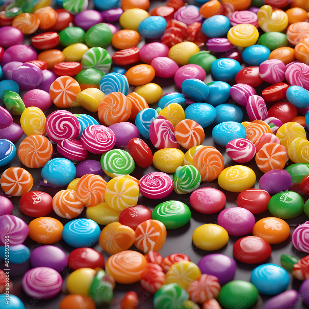 Fototapeta premium Colorful candies are falling on the tabletop, forming a colorful mound.