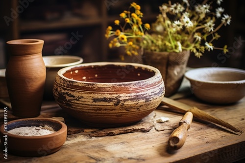 Handcrafted pottery and tools on a rustic wooden table.