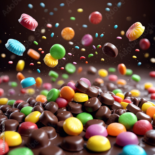 Colorful candies are falling on the tabletop, forming a colorful mound. © aiartth