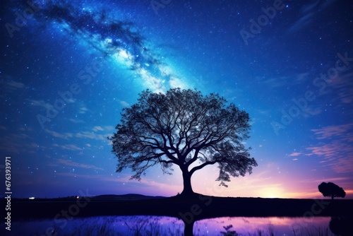 Night sky with Milky Way and silhouette of a lone tree.