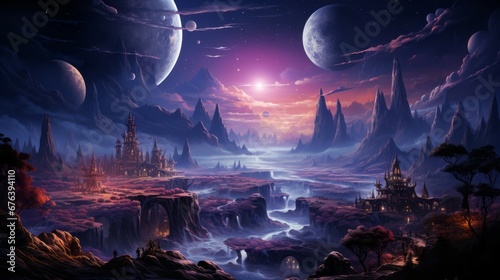 Fantasy colorful landscape with castle the river at night with star and planets in sky. Beautiful fantasy landscape at night in purple colors with a temple, river and many planets in deep space.