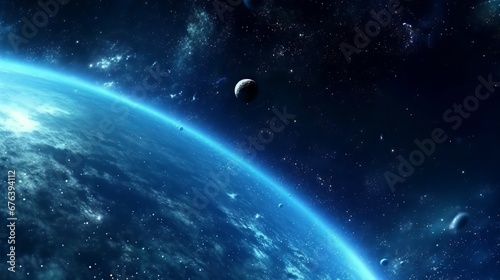 Planet Earth in space. Planet Earth with sun rays and stars in space. Planet Earth in space with visible city lights. AI generated illustration © Valua Vitaly