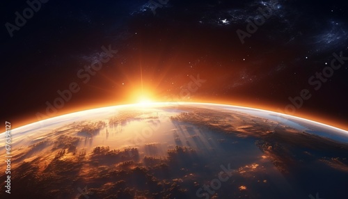 Sunrise above planet Earth as seen from space. Beautiful golden sunrise over the planet Earth. Our Blue Planet earth in space with sun over horizon. 3D rendering.