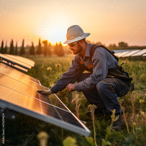 Technician works with solar panels in a field against a sunset background. The concept of environment, renewable sources, power generation, alternative energy and ecology.